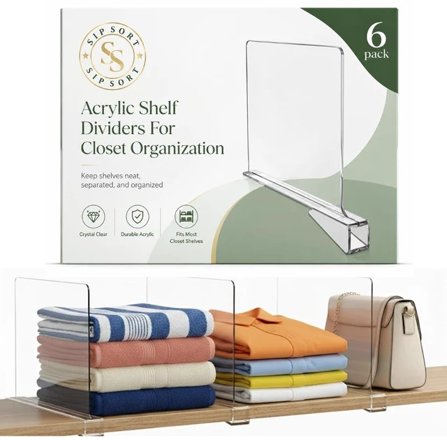 Main image of 6 Pack Acrylic Shelf Dividers Closet Organizers, Closet Shelf Dividers | Clothes, Books, Shoes, Purse & Towel Organizers for Closet. Only Suitable for Wooden Shelves