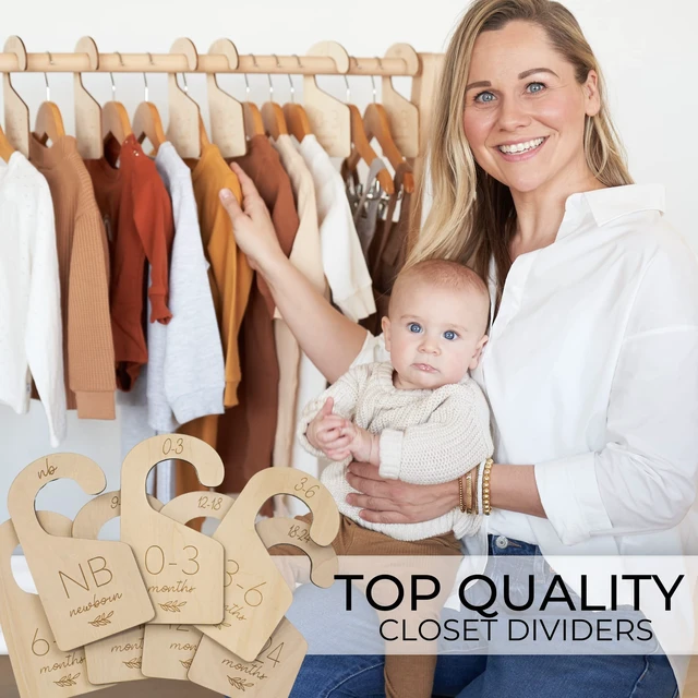 Alt view image 4 of 7 - Beautiful Wooden Baby Closet Dividers Set of 7 - Newborn to 24 Months | Double-sided Nursery Hanger Dividers Easily Organize Your Little Girls or Boys Room Clothes by Size