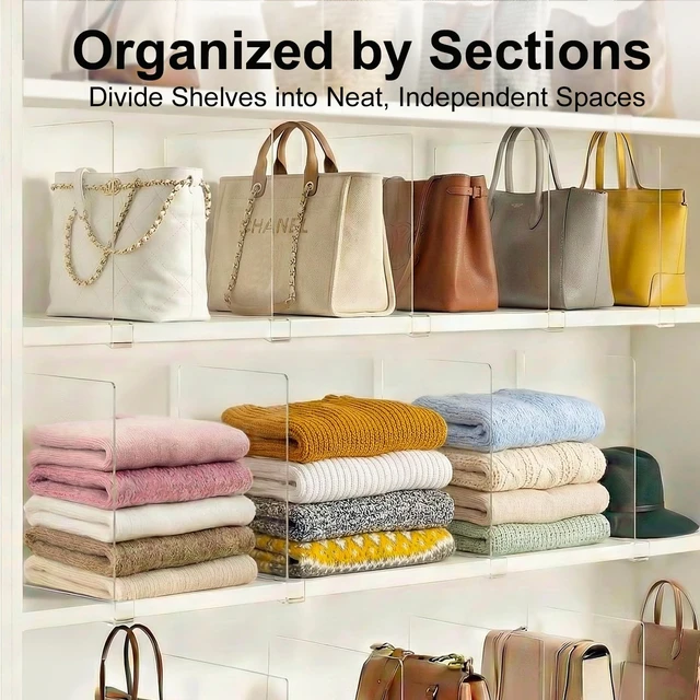 Alt view image 4 of 7 - Tall Shelf dividers Closet Organizers: 11-inch (Higher Version) | Adjustable Clear Acrylic Purse Storage for Large Handbags, Totes, Clothes, Towels on Wood Shelves 4-Pack