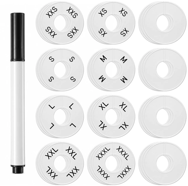 Main image of 81 Pcs Clothing Rack Size Dividers, Round White Plastic Clothing Rack Size Tag Pre-Labeled (XXS-XXXL) with Blank Dividers and Erasable Pen for Closet Wardrobe Retail Store Clothes Organization