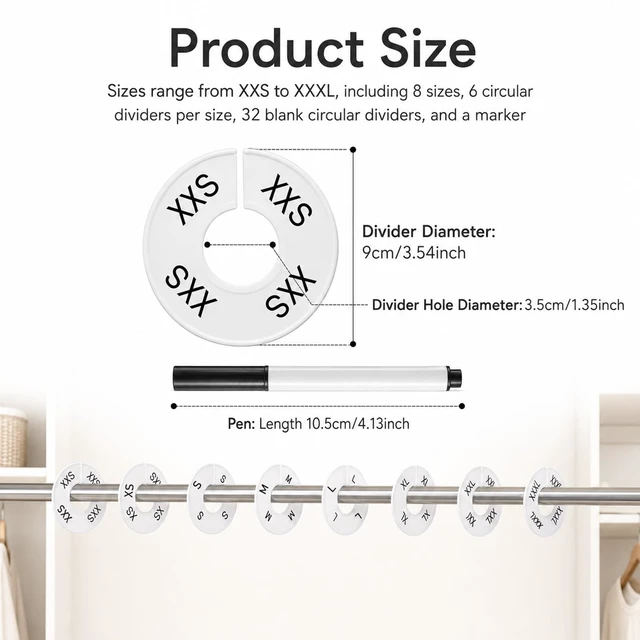 Alt view image 2 of 7 - 81 Pcs Clothing Rack Size Dividers, Round White Plastic Clothing Rack Size Tag Pre-Labeled (XXS-XXXL) with Blank Dividers and Erasable Pen for Closet Wardrobe Retail Store Clothes Organization