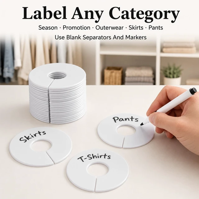 Alt view image 4 of 7 - 81 Pcs Clothing Rack Size Dividers, Round White Plastic Clothing Rack Size Tag Pre-Labeled (XXS-XXXL) with Blank Dividers and Erasable Pen for Closet Wardrobe Retail Store Clothes Organization