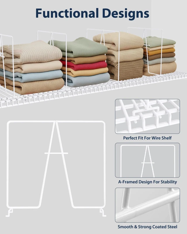 Alt view image 4 of 6 - 4 Pack Wire Shelf Dividers for Closet, 12 x 12in, Bright White | Rust-Resistant Coated Metal Dividers, Install Tool-Free, Closet Shelf Divider for Wire Shelves and Storage
