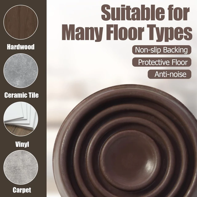 Alt view image 4 of 7 - 4 Pack 1.5 Inch Round Rubber Caster Cups Floor Protector Brown | Dense Rubber Anti-Slip Firm Grip, Floor Protection From Scratches, Slide-In No Tools Needed, Blends With Wood Metal Finishes