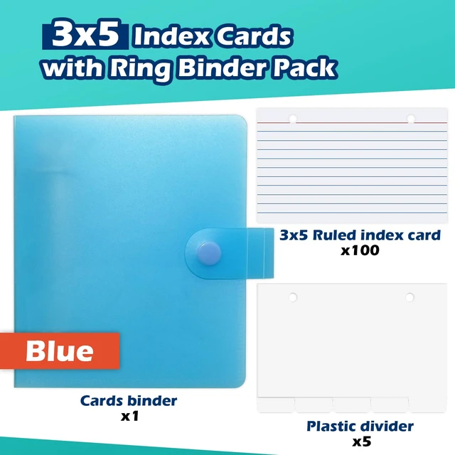 Alt view image 3 of 7 - 3x5 Lined Index Cards with Ring Binder Holder and Dividers, Blue | 100 Note Cards, 5 Tabs, 2 Holes Punched, Plastic Booklet Organizer, 3 x 5 Inch