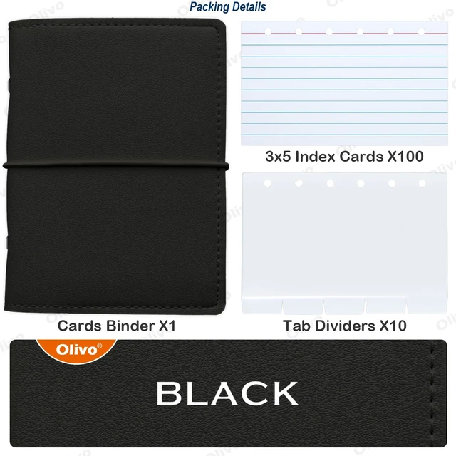 Alt view image 2 of 7 - 3x5 Lined Index Cards with Ring Binder Holder and Dividers, Black | 100 Note Cards, 10 Tabs, 6 Holes Punched, Leather Booklet Organizer, 3 x 5 Inch