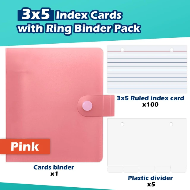 Alt view image 3 of 7 - 3x5 Lined Index Cards with Ring Binder Holder and Dividers, Pink | 100 Note Cards, 5 Tabs, 2 Holes Punched, Plastic Booklet Organizer, 3 x 5 Inch