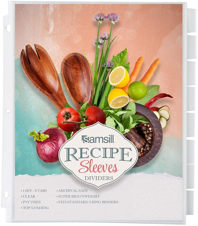 Main image of 8 Tab Recipe Dividers, Recipe Sleeves, Sheet Protector Dividers, with Tab Inserts, Clear, Super Heavyweight, Top Loading, 3 Hole Punched for Standard Letter Size Binders, Archival Safe