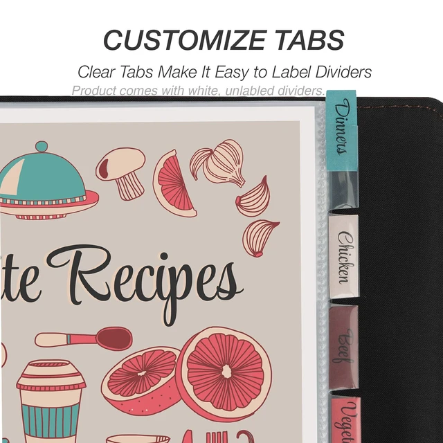 Alt view image 6 of 6 - 8 Tab Recipe Dividers, Recipe Sleeves, Sheet Protector Dividers, with Tab Inserts, Clear, Super Heavyweight, Top Loading, 3 Hole Punched for Standard Letter Size Binders, Archival Safe