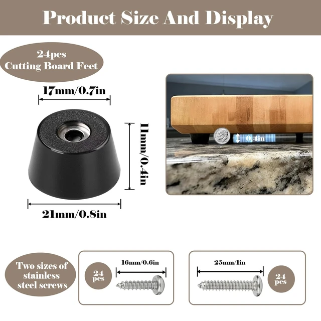 Alt view image 6 of 6 - Rubber Feet for Cutting Boards, 24PCS Cutting Board Feet Non Slip with Stainless Steel Screws, Rubber Bumpers Feet for Furniture and Electronics