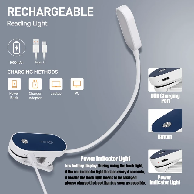 Alt view image 4 of 6 - Rechargeable Book Light, 14 LEDs Eye Care Clip On Amber Reading Light for Bookworms Reading in Bed with 9 Colors 9 Brightness (White-Blue)