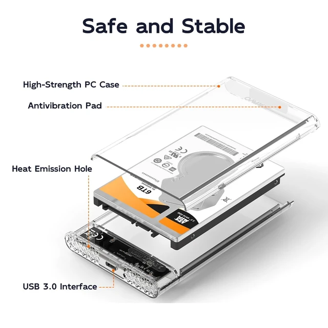 Alt view image 5 of 7 - External Hard Drive Enclosure for 7mm 9.5mm 2.5 inch SATA SSD/HDD, 5Gbps USB C to SATA Adapter Storage Case, 6TB Capacity (White)