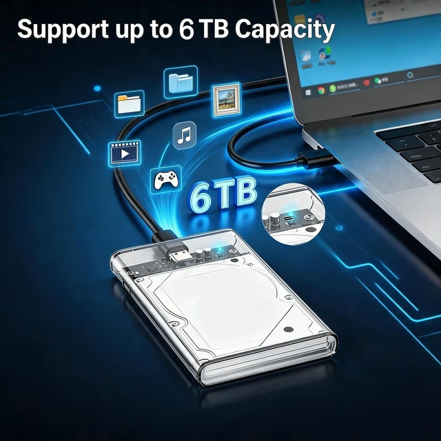 Alt view image 4 of 6 - 2.5 Inch Hard Drive Enclosure, USB 3.1 to SATA External Hard Drive Reader, 5Gbps Hard Disk Enclosure 7mm/9.5mm, Tool-Free Plug and Play, Support Up to 6TB SATA HDD SSD