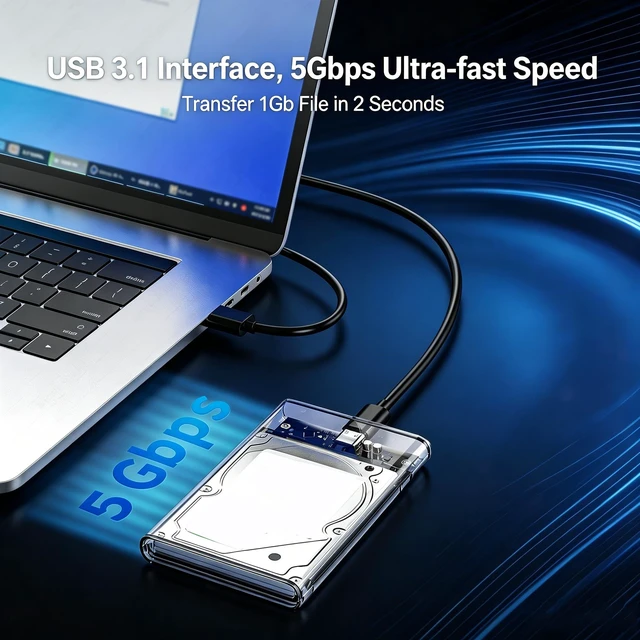 Alt view image 3 of 6 - 2.5 Inch Hard Drive Enclosure, USB 3.1 to SATA External Hard Drive Reader, 5Gbps Hard Disk Enclosure 7mm/9.5mm, Tool-Free Plug and Play, Support Up to 6TB SATA HDD SSD