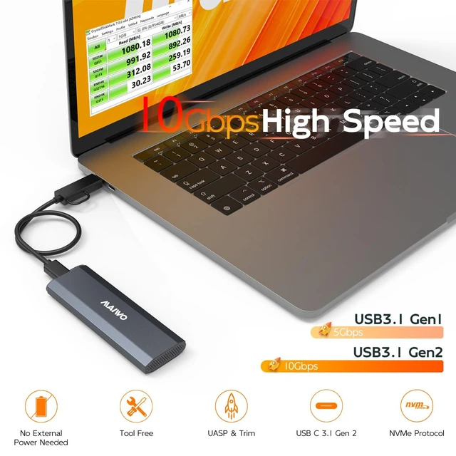 Alt view image 2 of 6 - M.2 NVMe SSD Enclosure, USB 3.1 Gen 2 USB-C (10 Gbps) External Aluminum NVMe Reader for 2230/2242/2260/2280 M-Key SSD up to 8TB, UASP Supported, Tool Free