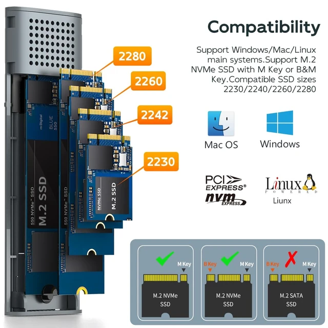 Alt view image 3 of 6 - M.2 NVMe SSD Enclosure, USB 3.1 Gen 2 USB-C (10 Gbps) External Aluminum NVMe Reader for 2230/2242/2260/2280 M-Key SSD up to 8TB, UASP Supported, Tool Free