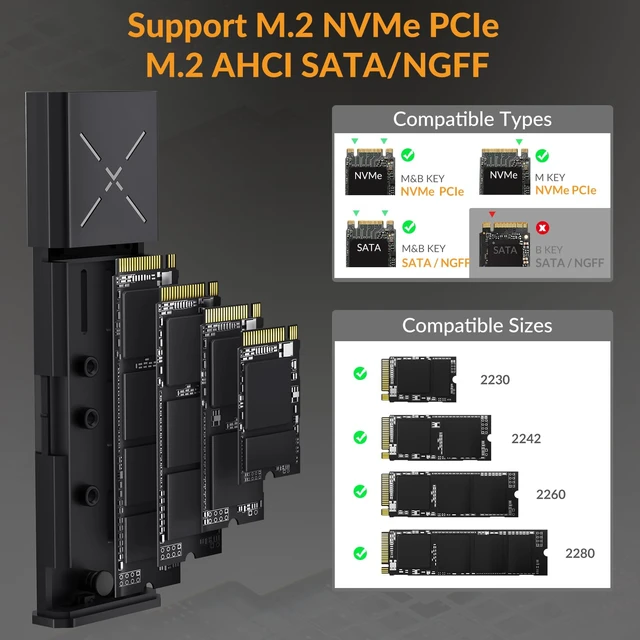 Alt view image 2 of 7 - M.2 NVMe SATA SSD Enclosure, Adapter Tool Free Aluminum, USB 3.2 Gen 2 10Gbps M2 SSD Enclosure Supports M and B&M Keys with UASP Trim for 2230/2242/2260/2280 - Gray