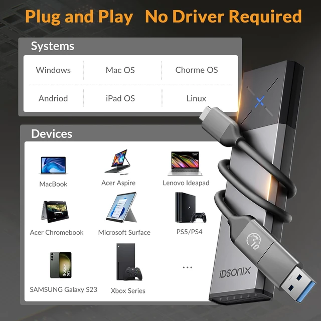 Alt view image 7 of 7 - M.2 NVMe SATA SSD Enclosure, Adapter Tool Free Aluminum, USB 3.2 Gen 2 10Gbps M2 SSD Enclosure Supports M and B&M Keys with UASP Trim for 2230/2242/2260/2280 - Gray