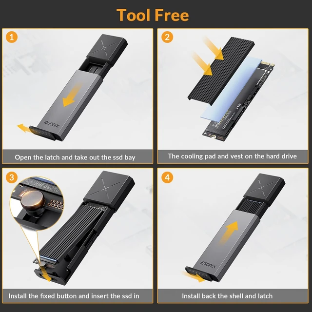Alt view image 6 of 7 - M.2 NVMe SATA SSD Enclosure, Adapter Tool Free Aluminum, USB 3.2 Gen 2 10Gbps M2 SSD Enclosure Supports M and B&M Keys with UASP Trim for 2230/2242/2260/2280 - Gray