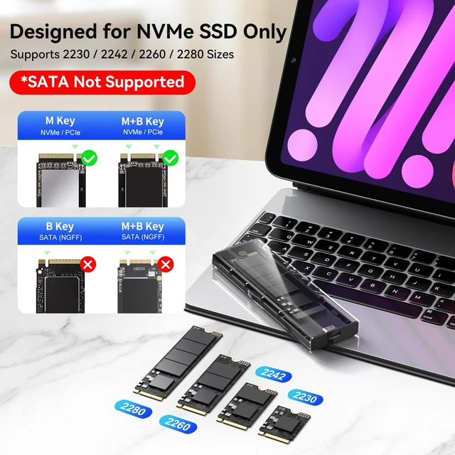 Alt view image 3 of 7 - M.2 NVMe SSD Enclosure, USB 3.2 Gen2 10Gbps External SSD Case | ToolFree Aluminum External SSD Adapter for 2230 2242 2260 2280 MKey/B+MKey NVMe SSD( NOT for SATA SSD ), Gray