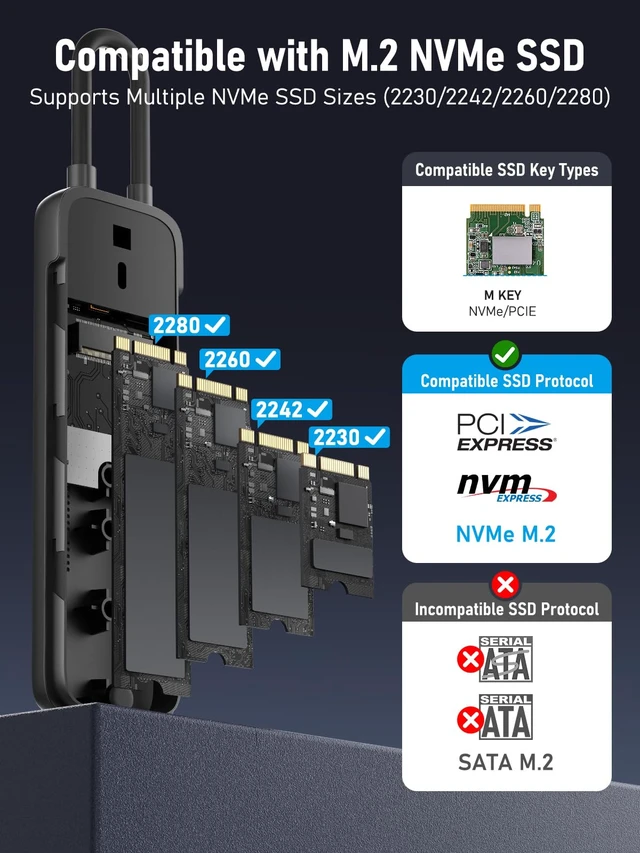Alt view image 2 of 7 - M.2 NVMe Enclosure, USB 3.2 Gen2 10Gbps Tool-Free, SSD Enclosure for PCIe M-Key, Nvme USB Adapter Support UASP Trim for 2280 2260 2242 2230, Up to 4TB, (Sata NOT Supported)