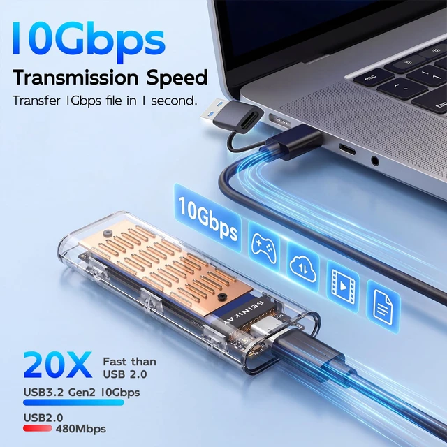 Alt view image 3 of 7 - M.2 NVME Enclosure, Tool-Free USB 3.2 Gen 2 (10 Gbps) to NVME Adapter with Heat Sink, 10Gbps Speed, Plug and Play, 16TB Expansion, with C-C to A Cable