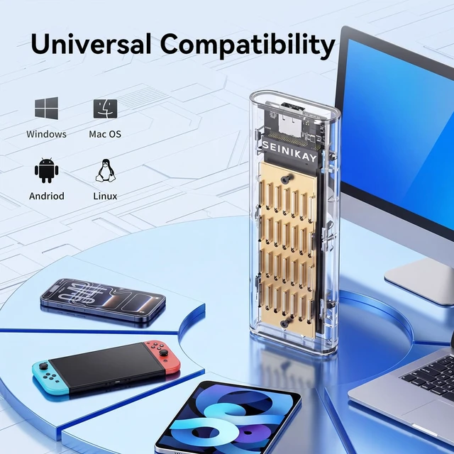 Alt view image 5 of 7 - M.2 NVME Enclosure, Tool-Free USB 3.2 Gen 2 (10 Gbps) to NVME Adapter with Heat Sink, 10Gbps Speed, Plug and Play, 16TB Expansion, with C-C to A Cable