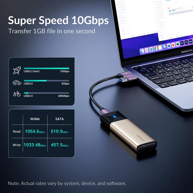 Alt view image 3 of 7 - M.2 NVMe SATA SSD Enclosure Adapter Tool-Free, USB 3.2 Gen 2 (10Gbps) to PCI-E NGFF SATA M-Key/(B+M) Key External SSD Enclosure Support UASP for SSDs 2230/2242/2260/2280