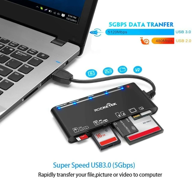 Alt view image 3 of 7 - USB3.0 Multi-Card Reader, SD/TF/CF/Micro SD/XD/MS 7 in 1 Fast 5Gbps Memory Card Reader/Writer/Hub for SD SDXC SDHC CF CFI TF Micro SD Micro SDXC Micro SDHC MS MMC UHS-I Cards,for Windows/Linux/Mac OS
