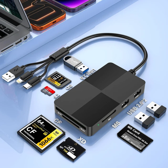 Main image of Multi SD Card Reader Adapter 8in1,USB-C + Lightning + USB-A SD/TF/MS/CF/XD Memory Stick Pro Duo Adapter,Memory Card Reader with 3X USB2.0 Ports for iPhone/Windows/Android/PC/Photography/Vlog