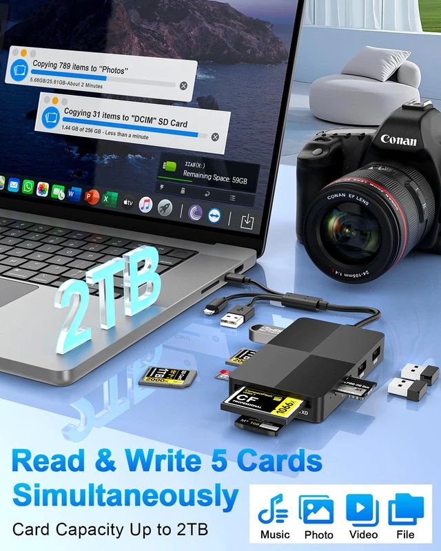Alt view image 6 of 7 - Multi SD Card Reader Adapter 8in1,USB-C + Lightning + USB-A SD/TF/MS/CF/XD Memory Stick Pro Duo Adapter,Memory Card Reader with 3X USB2.0 Ports for iPhone/Windows/Android/PC/Photography/Vlog