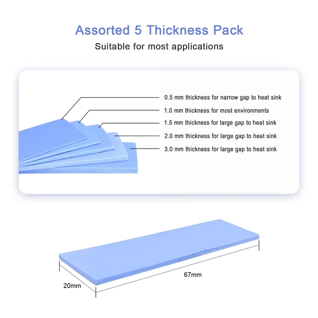 Alt view image 2 of 4 - 30 Pack Thermal Pads, 20×67 mm by 5 Thickness 0.5 | 1 | 1.5 | 2 | 3 mm, Thermal Conductivity 2.0 W/m.k, Self-Adhesive & Soft, Ideal for Repairing and Cooling Electronics