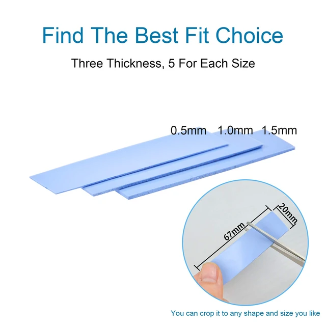 Alt view image 2 of 5 - Thermal Pad 15 Pack 3 Types of Thickness Cooling Radiator Double Sided Heat Dissipating Silicone Pad 6.0W/mk Soft Material SSD CPU GPU LED IC Chipset Cooling Blue