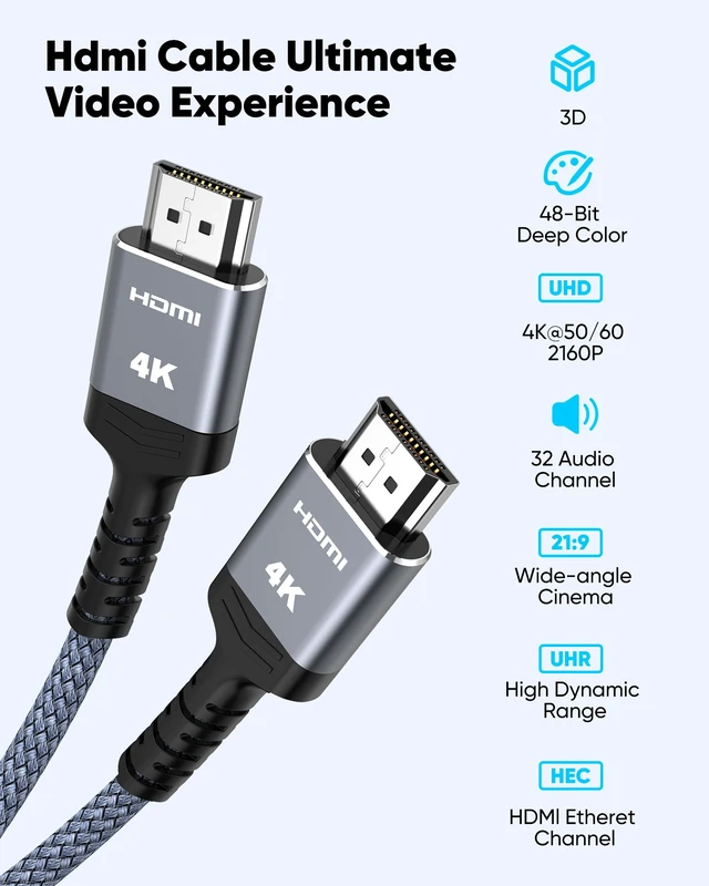 Alt view image 5 of 7 - 20FT 4K HDR HDMI Cable High Speed HDMI 2.0 Cables | 18Gbps Braided Nylon, HDCP 2.2, ARC, 4K UHD, HD 1080p, 3D for Laptop, Monitor, PS3, PS4, Blu-ray, Netflix Projector