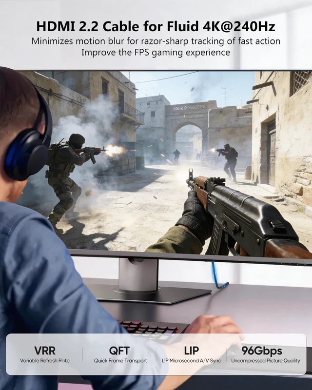 Alt view image 7 of 7 - HDMI 2.2 Cable 96Gbps 3FT, 16K@60Hz, Clean Setup Braided Cord | Supports 8K@240Hz, 4K@480Hz. HDR10+, LIP Sync, 4:4:4 Chroma. SBTM, QFT, eARC. For Monitor, PC, Laptop, TV, PS5/4/3, Xbox.