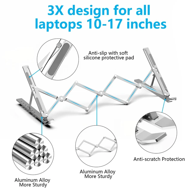 Alt view image 5 of 7 - Laptop Stand for Desk, Adjustable Laptop Riser, Silver | Foldable Laptop Stands Travel for 10-17 Laptops, MacBook, Notebook