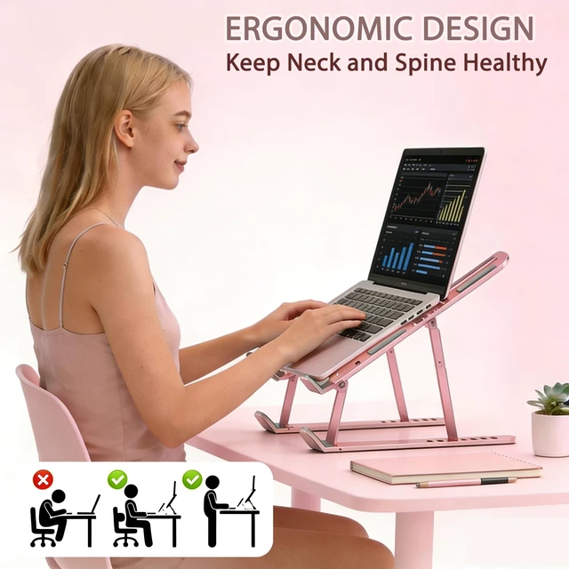 Alt view image 3 of 7 - Ergonomic Foldable Computer Stand, 10-Level Height Adjustable Aluminum Laptop Stand, Compatible with 17.3 Inch Laptops, Tablets & Drawing Tablets, for MacBook, HP, Lenovo, Dell (Pink)
