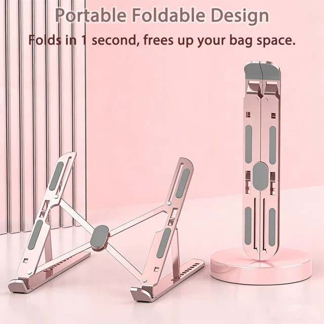 Alt view image 4 of 7 - Ergonomic Foldable Computer Stand, 10-Level Height Adjustable Aluminum Laptop Stand, Compatible with 17.3 Inch Laptops, Tablets & Drawing Tablets, for MacBook, HP, Lenovo, Dell (Pink)