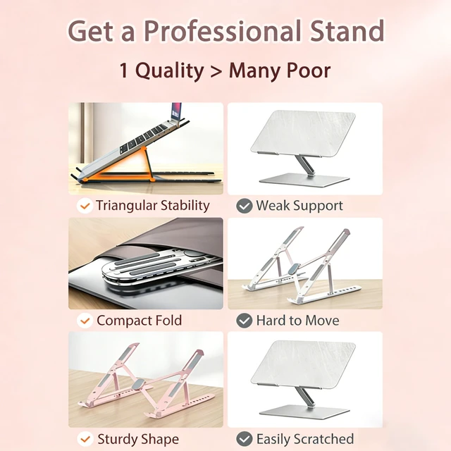 Alt view image 6 of 7 - Ergonomic Foldable Computer Stand, 10-Level Height Adjustable Aluminum Laptop Stand, Compatible with 17.3 Inch Laptops, Tablets & Drawing Tablets, for MacBook, HP, Lenovo, Dell (Pink)