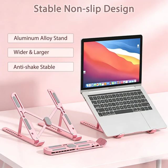 Alt view image 2 of 7 - Ergonomic Foldable Computer Stand, 10-Level Height Adjustable Aluminum Laptop Stand, Compatible with 17.3 Inch Laptops, Tablets & Drawing Tablets, for MacBook, HP, Lenovo, Dell (Pink)