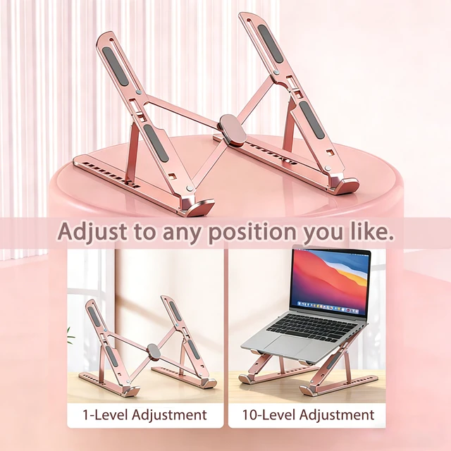 Alt view image 7 of 7 - Ergonomic Foldable Computer Stand, 10-Level Height Adjustable Aluminum Laptop Stand, Compatible with 17.3 Inch Laptops, Tablets & Drawing Tablets, for MacBook, HP, Lenovo, Dell (Pink)