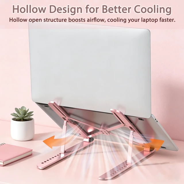 Alt view image 5 of 7 - Ergonomic Foldable Computer Stand, 10-Level Height Adjustable Aluminum Laptop Stand, Compatible with 17.3 Inch Laptops, Tablets & Drawing Tablets, for MacBook, HP, Lenovo, Dell (Pink)