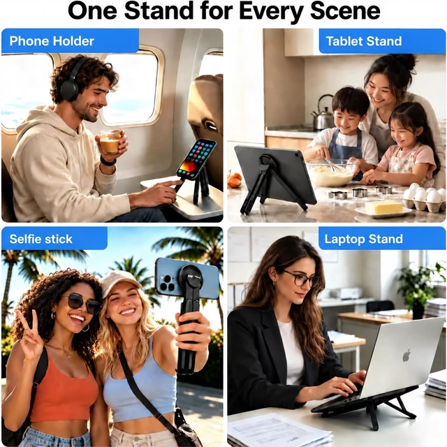 Alt view image 2 of 7 - Portable Laptop Stand for Desk, Magnetic Phone Holder&Tablet Stand | Foldable Aluminum Design, 8-Level Height & Angle Adjustment, Fits 10-16" Laptops, for Home, Office & Travel