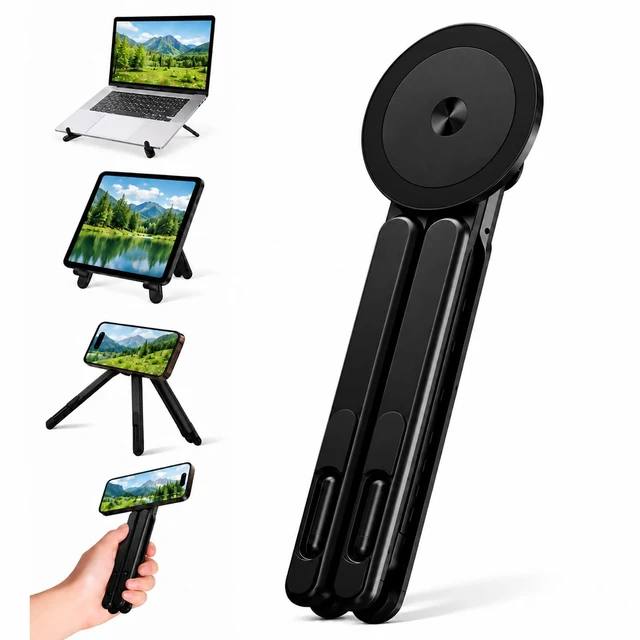 Main image of Portable Laptop Stand for Desk, Magnetic Phone Holder&Tablet Stand | Foldable Aluminum Design, 8-Level Height & Angle Adjustment, Fits 10-16" Laptops, for Home, Office & Travel