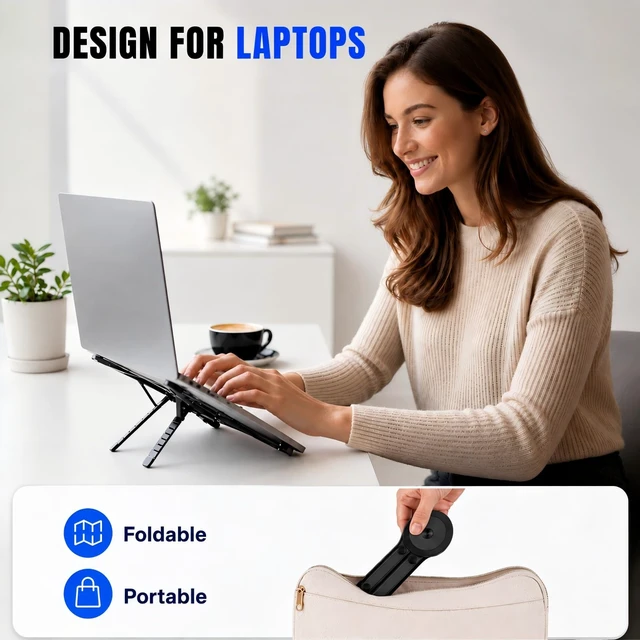 Alt view image 6 of 7 - Portable Laptop Stand for Desk, Magnetic Phone Holder&Tablet Stand | Foldable Aluminum Design, 8-Level Height & Angle Adjustment, Fits 10-16" Laptops, for Home, Office & Travel
