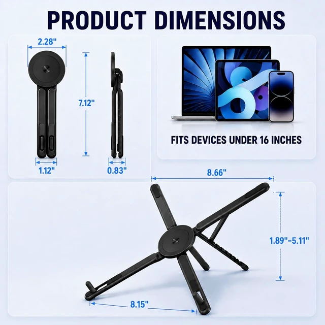 Alt view image 7 of 7 - Portable Laptop Stand for Desk, Magnetic Phone Holder&Tablet Stand | Foldable Aluminum Design, 8-Level Height & Angle Adjustment, Fits 10-16" Laptops, for Home, Office & Travel