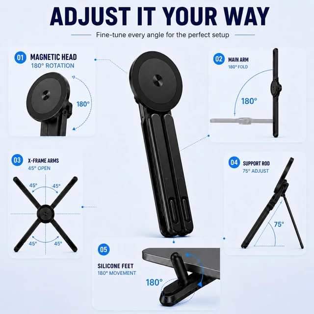 Alt view image 4 of 7 - Portable Laptop Stand for Desk, Magnetic Phone Holder&Tablet Stand | Foldable Aluminum Design, 8-Level Height & Angle Adjustment, Fits 10-16" Laptops, for Home, Office & Travel