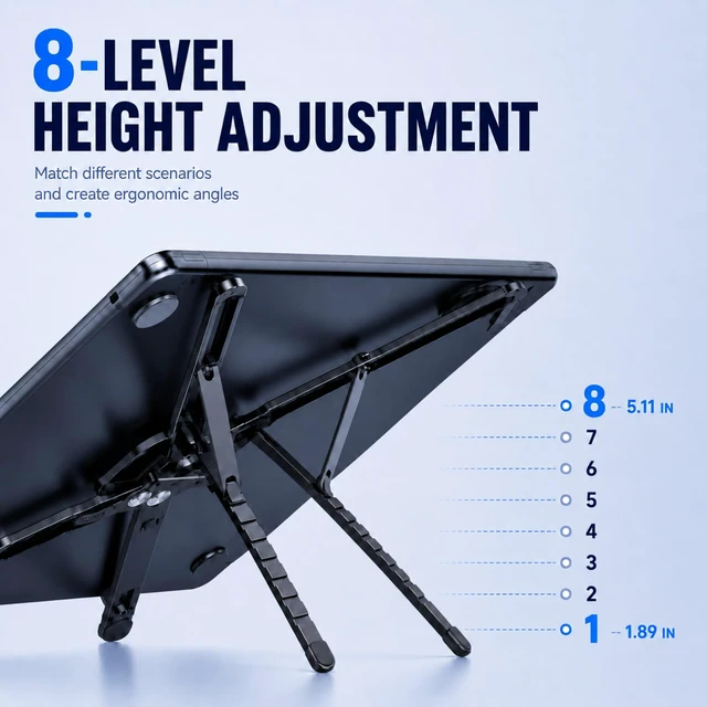 Alt view image 5 of 7 - Portable Laptop Stand for Desk, Magnetic Phone Holder&Tablet Stand | Foldable Aluminum Design, 8-Level Height & Angle Adjustment, Fits 10-16" Laptops, for Home, Office & Travel