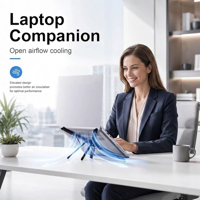 Alt view image 2 of 7 - 3-in-1 Laptop Stand with Magnetic Phone Holder, 8-Level Adjustable Ergonomic Aluminum Riser, Portable Computer Stand for Desk, Compatible with 10-17" MacBook & Laptops, iPhone 12-16 with MagSafe