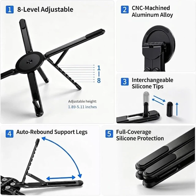 Alt view image 6 of 7 - 3-in-1 Laptop Stand with Magnetic Phone Holder, 8-Level Adjustable Ergonomic Aluminum Riser, Portable Computer Stand for Desk, Compatible with 10-17" MacBook & Laptops, iPhone 12-16 with MagSafe